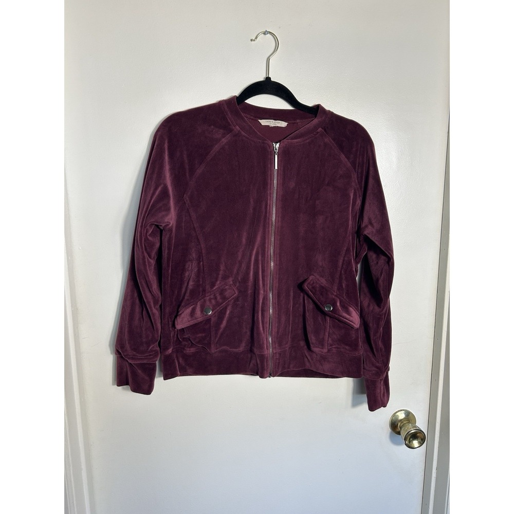 Cable & Gauge Studio Women's Burgundy Velour Bomber Jacket Zip Up Pockets Size M